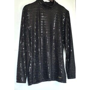 Anne Klein Long Sleeve Mock Neck Holiday Top in Black with Silver Accents Size L